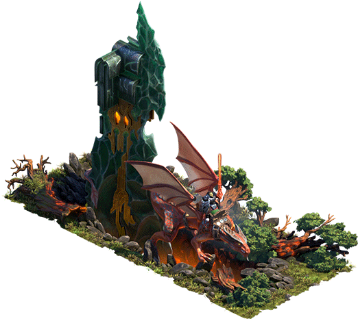 A animated picture of the Vallorian Dragon Tower. The tower is double the size of the red dragon that just landed in front of the tower. The tower is made of greenish obsidian/glass and has gold inlays with two window. It glows bright orange from the windows, similar to lava. A lava lake is right below the dragon, trees surrounding the dragon are destroyed and burned. The dragon is rode by a female orc warrior, wearing a silver armor and wielding a red-glancing lance.