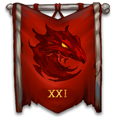 A picture of the chapter 21 banner without a background. The banner is made of red cloth with silver lines on the left and right border, and is hanging down from a long grey bone. The banner is ripped, almost burned, at the bottom. The silhouette of a dark-red dragon head with a golden eye is depicted in the middle of the cloth. Below the dragon head, a golden XXI is written.
